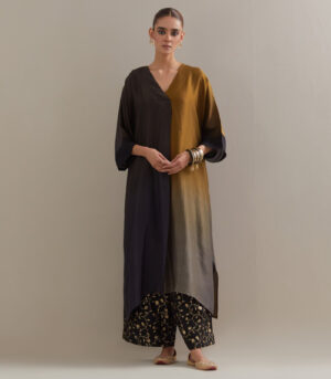 Black Olive Ombre Kaftan with Brocade Pants