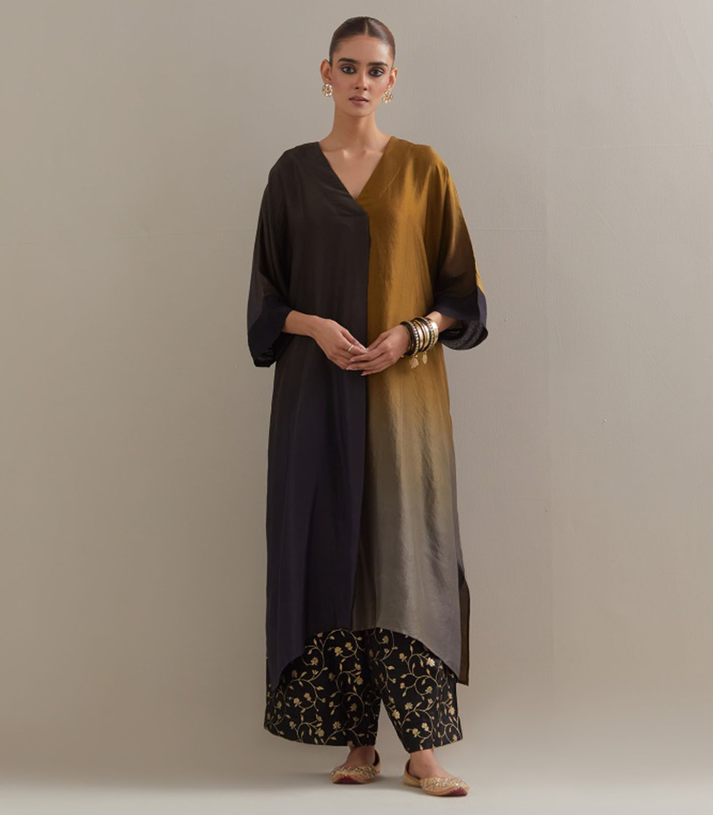Black Olive Ombre Kaftan with Brocade Pants