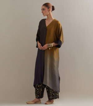 Black Olive Ombre Kaftan with Brocade Pants