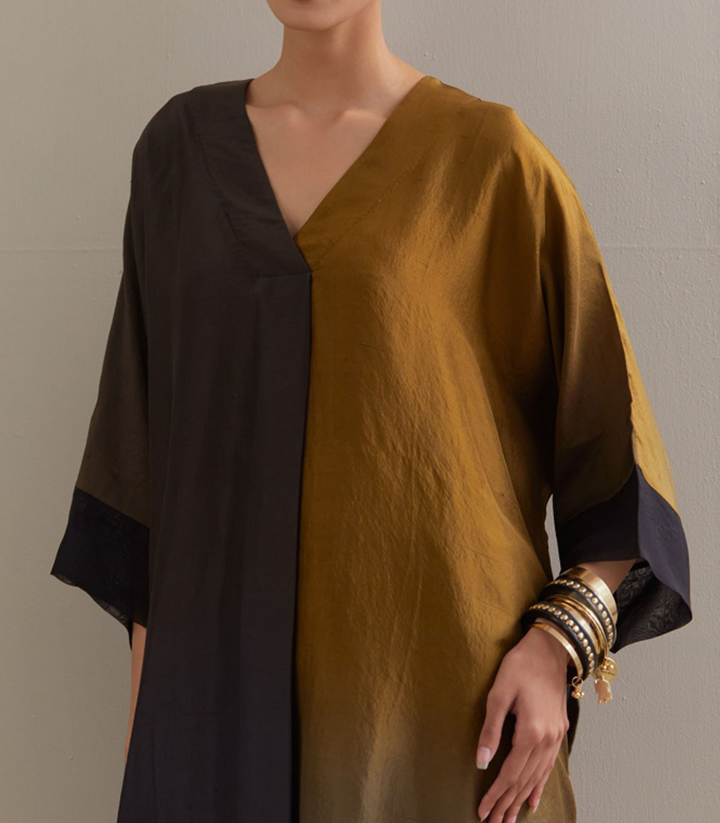Black Olive Ombre Kaftan with Brocade Pants - Image 5