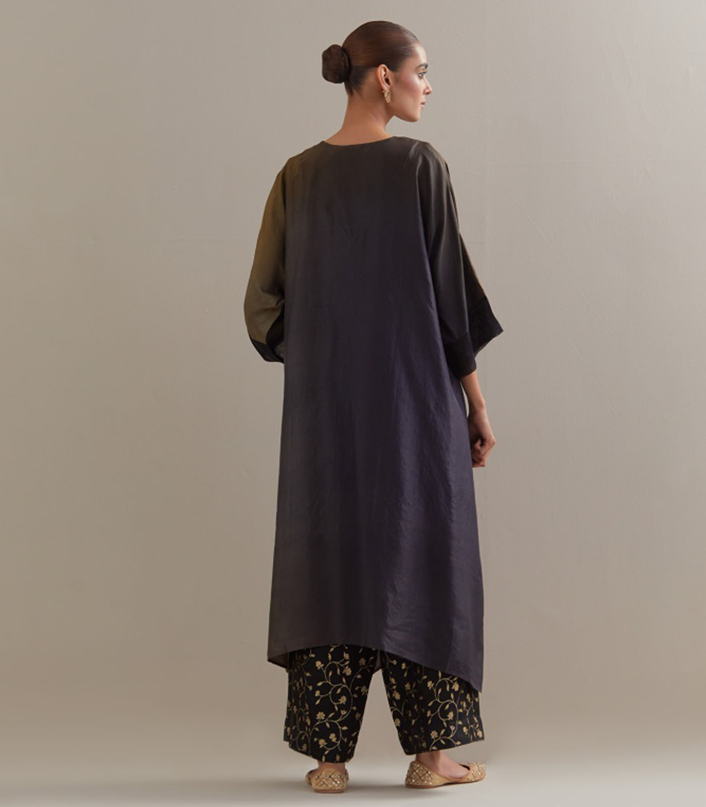 Black Olive Ombre Kaftan with Brocade Pants - Image 2
