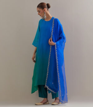 Green blue Ombre silk kurta and cotton silk pants