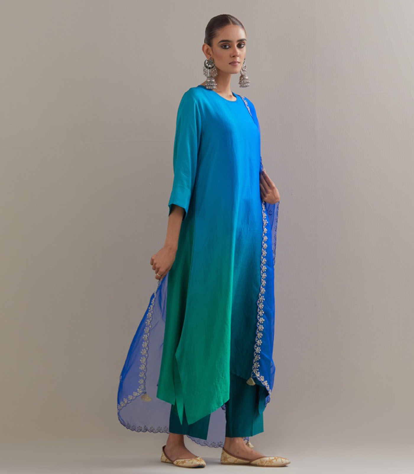 Green blue Ombre silk kurta and cotton silk pants - Image 3