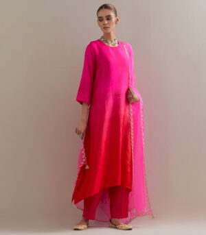 Fuschia Red Ombre silk kurta and cotton silk pants