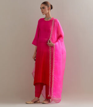 Fuschia Red Ombre silk kurta and cotton silk pants