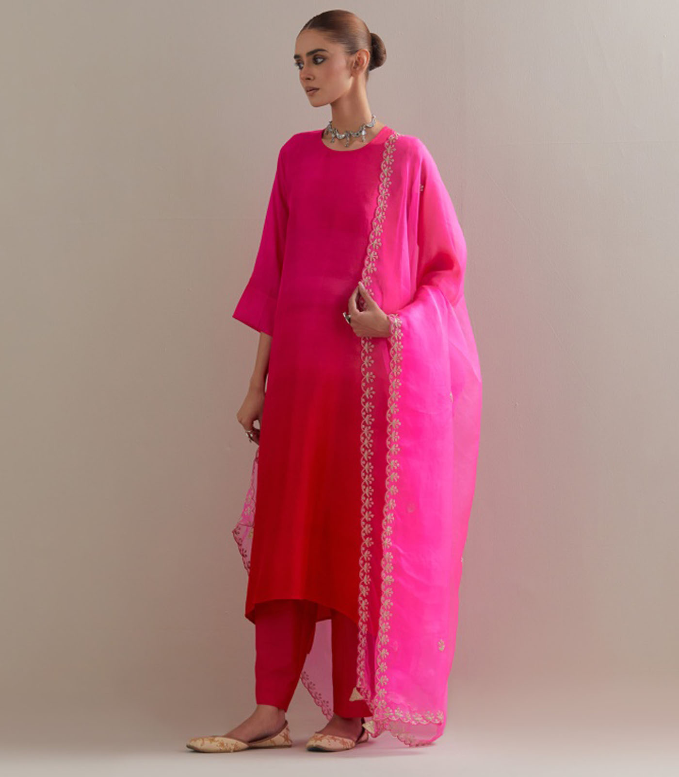 Fuschia Red Ombre silk kurta and cotton silk pants - Image 3
