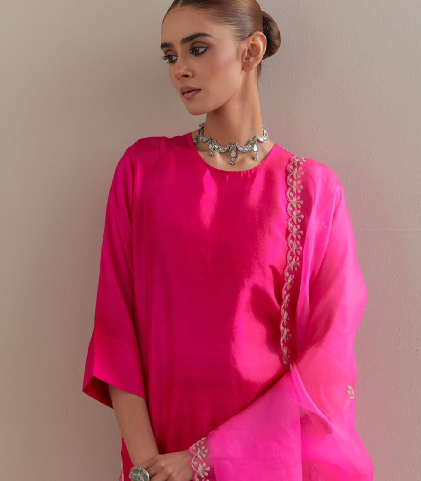 Fuschia Red Ombre silk kurta and cotton silk pants - Image 4