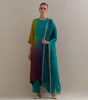 Green Purple Ombre silk kurta and cotton silk pants