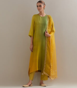Sage Mustard Ombre silk kurta and cotton silk pants