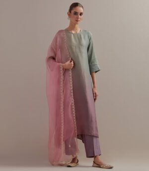 Sage Green Mauve Ombre silk kurta and cotton silk pants