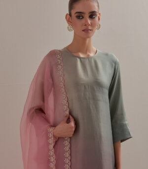 Sage Green Mauve Ombre silk kurta and cotton silk pants
