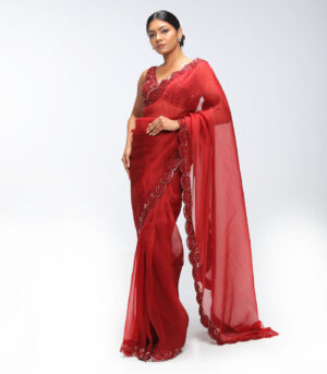 Red Reverie Pure Silk Organza Embellished Scalloped Saree Set