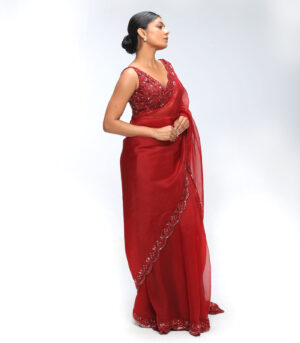 Red Reverie Pure Silk Organza Embellished Scalloped Saree Set