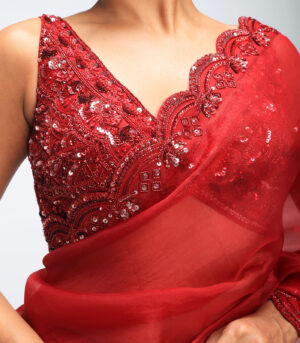 Red Reverie Pure Silk Organza Embellished Scalloped Saree Set