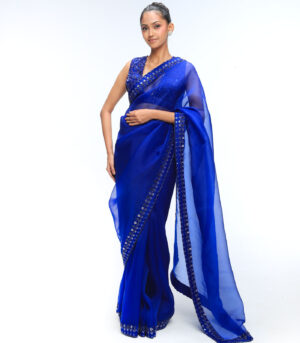 Sapphire Blue Pure Silk Organza Embroidered Saree Set