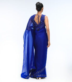 Sapphire Blue Pure Silk Organza Embroidered Saree Set