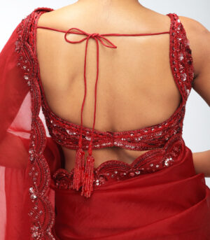 Red Reverie Pure Silk Organza Embellished Scalloped Saree Set
