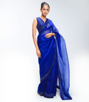 Sapphire Blue Pure Silk Organza Embroidered Saree Set
