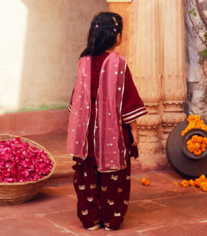 Maroon kurta with matching salwar and dupatta