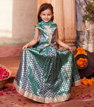 Sky Blue brocade lehenga with matching choli and dupatta