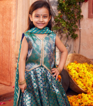 Sky Blue brocade lehenga with matching choli and dupatta