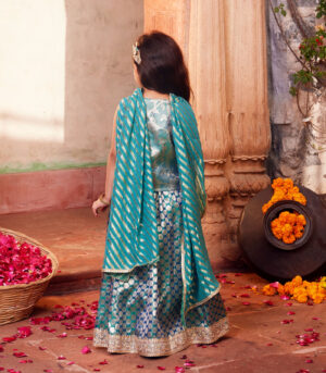 Sky Blue brocade lehenga with matching choli and dupatta