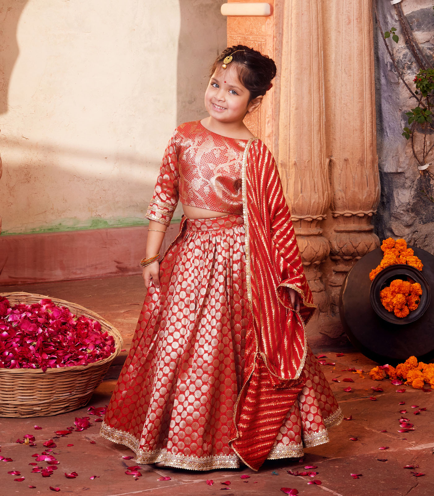 Orange brocade Lehenga with matching Choli and dupatta - Image 3