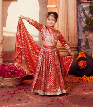 Orange brocade Lehenga with matching Choli and dupatta
