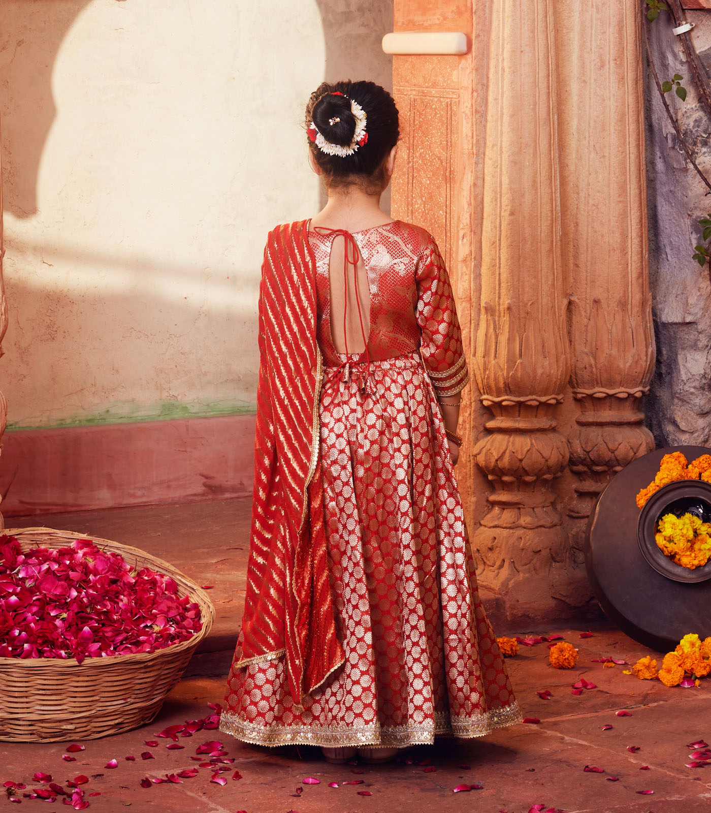 Orange brocade Lehenga with matching Choli and dupatta - Image 2
