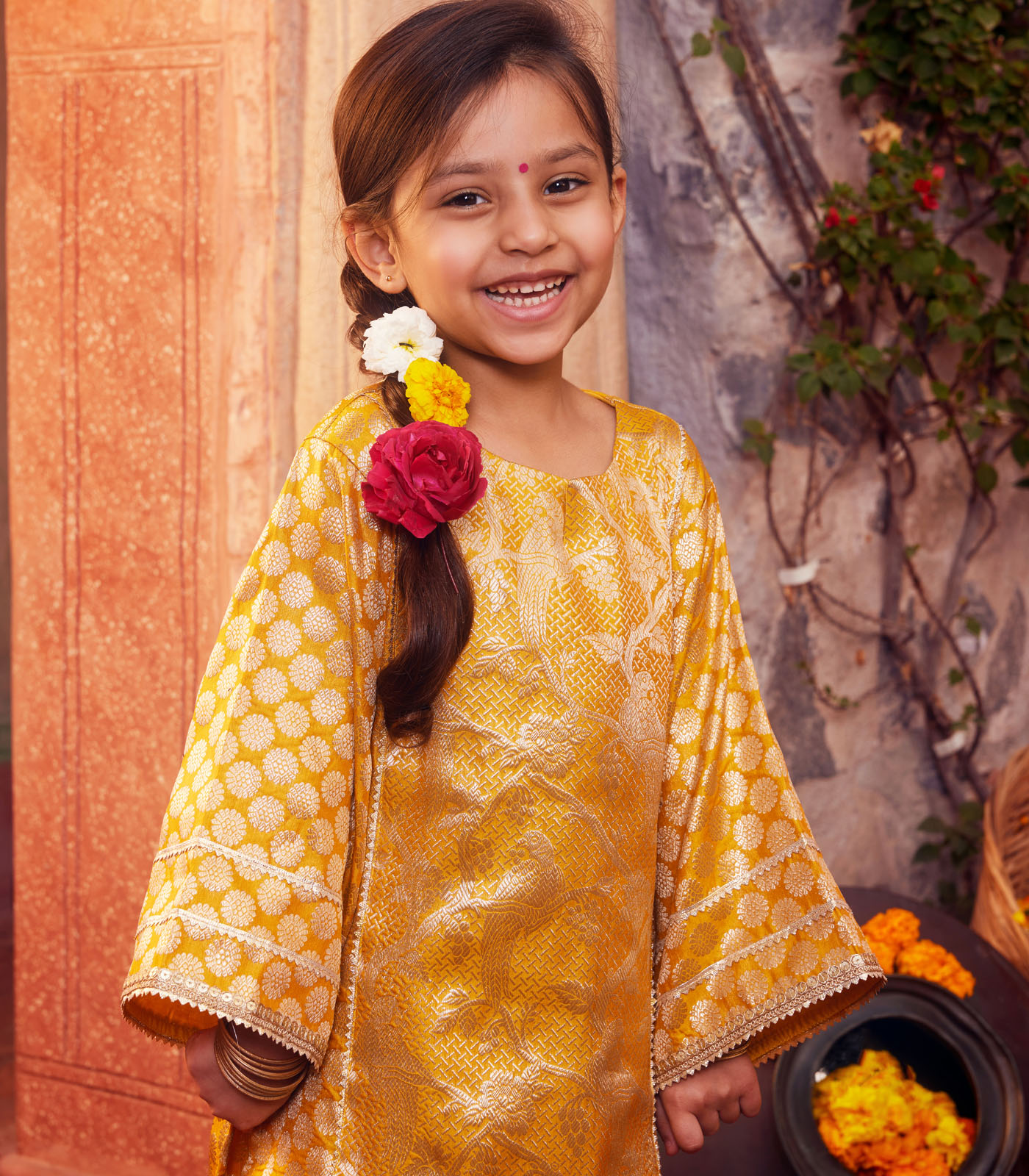 Mustard brocarde kurta with matching salwar - Image 2