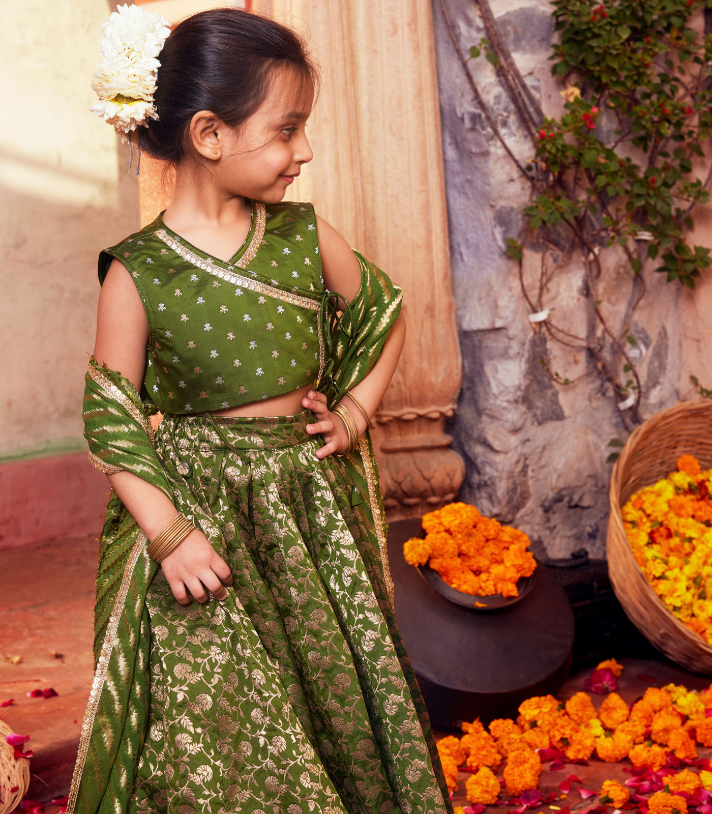 Green brocade lehenga with matching choli and dupatta - Image 4