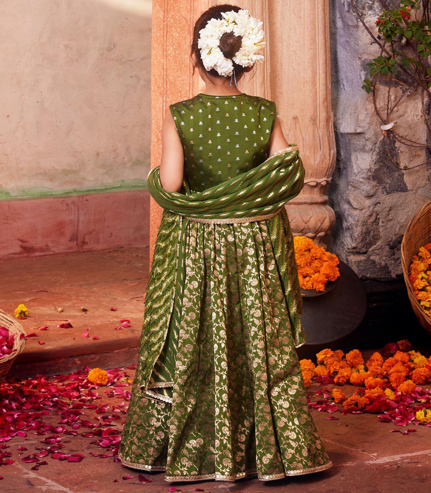 Green brocade lehenga with matching choli and dupatta - Image 2