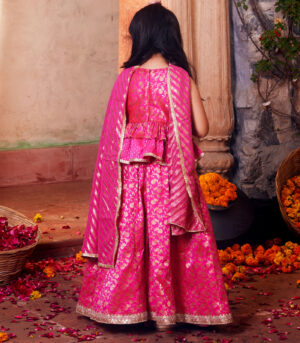 Pink brocade lehenga with matching choli and dupatta