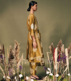 MOSS GREEN DISCHARGE PRINT TUNIC SET WITH