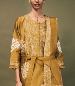 MOSS GREEN DISCHARGE PRINT TUNIC SET WITH