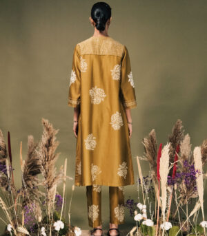 MOSS GREEN DISCHARGE PRINT TUNIC SET WITH