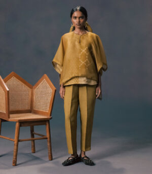 MOSS GREEN DOUBLE LAYER DISCHARGE PRINT KAFTAN SHIRT