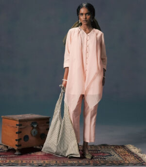 OLD ROSE DOUBLE LAYER SHIRT IN MUL CHANDERI AND LINEN