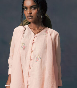 OLD ROSE DOUBLE LAYER SHIRT IN MUL CHANDERI AND LINEN
