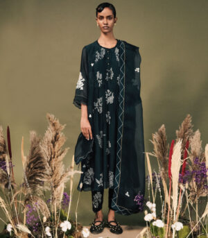 INDIGO DISCHARGE PRINT PLEATED TUNIC SET