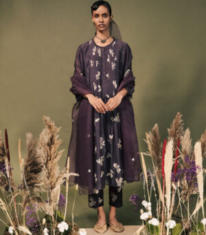 LAVENDER DISCHARGE PRINT PLEATED TUNIC SET