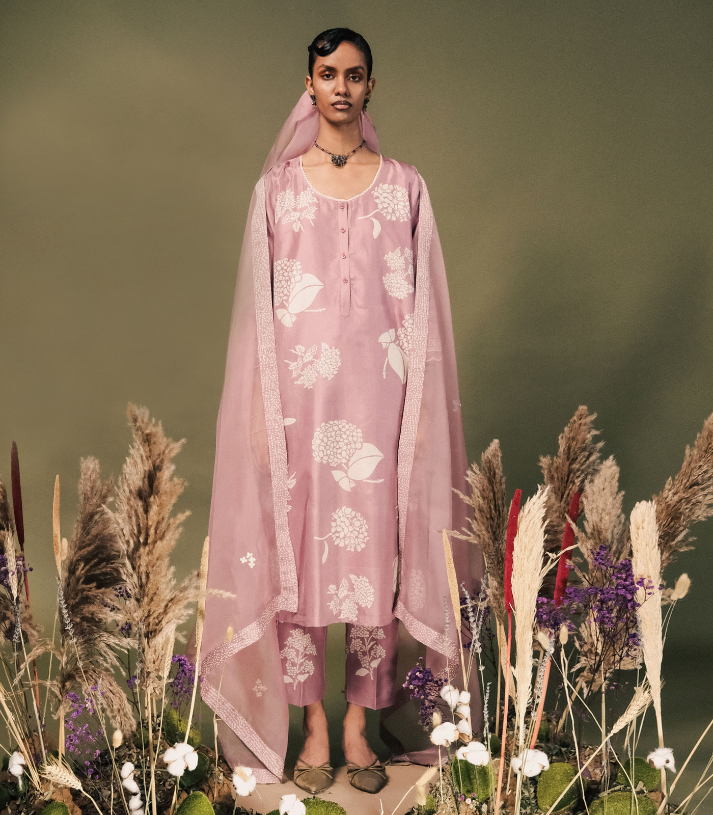 LILAC DISCHARGE PRINT TUNIC SET IN MULBERRY SILK