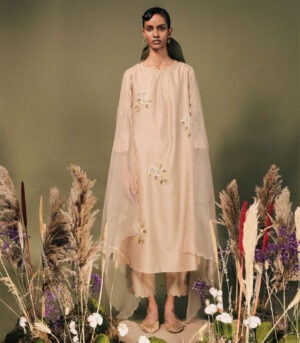 BEIGE EMBROIDED TUNIC SET IN SILK CHANDERI