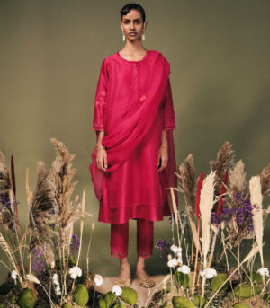 FUCHSIA DOUBLE LAYER TUNIC SET IN SILK CHANDERI