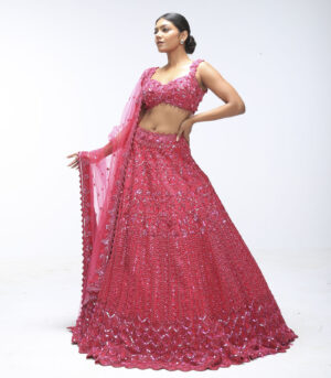 Pink Amber Pure Silk Sequins Embellished Scalloped Lehenga Set