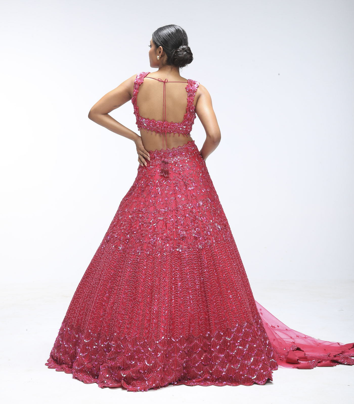 Pink Amber Pure Silk Sequins Embellished Scalloped Lehenga Set - Image 3