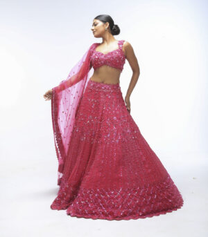 Pink Amber Pure Silk Sequins Embellished Scalloped Lehenga Set