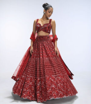 Red Reverie Pure Silk Sequins Embellished Lehenga Set
