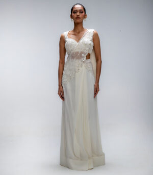 Ivory Illume Pure Silk Organza Embellished Draped Saree Set