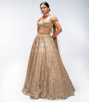 Gold Mirage Pure Silk Sequins Embellished Scalloped Lehenga Set